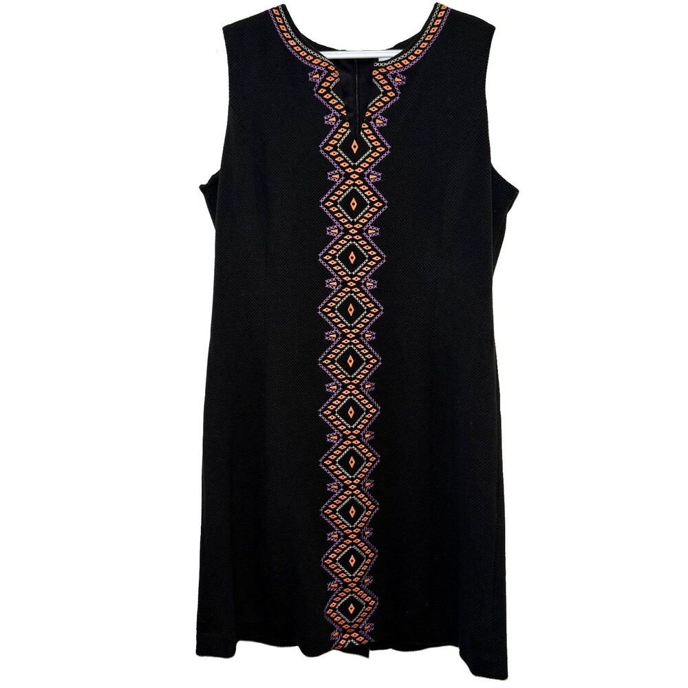 Peter Nygard Black Textured Sheath Dress Embroidered Trim Sleeveless Size 16